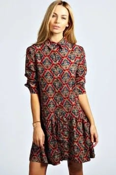 Green and Navy Tribal Printed Collar Drop Waist Dress