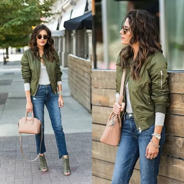 Green Flight Jacket with Grey Long Sleeve Tee & Cropped Jeans