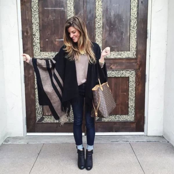 Grey and Black Striped Cape with Dark Blue Cuffed Skinny Jeans