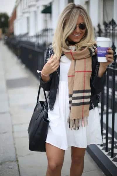 Crepe Cashmere Scarf with White Babydoll Mini Dress