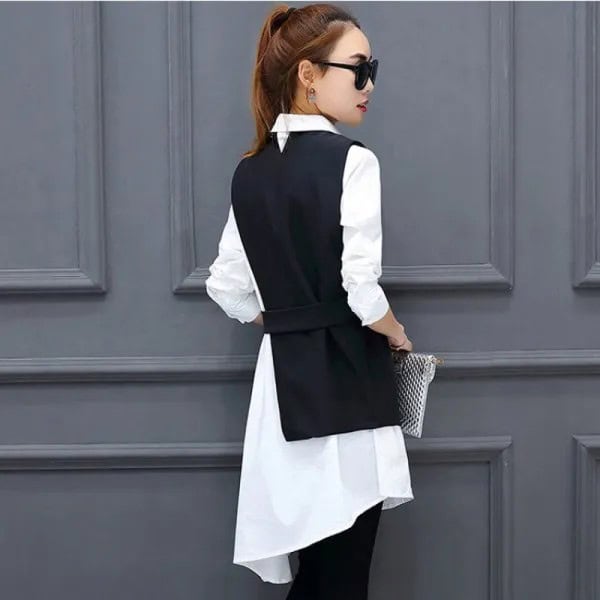 Black Suit Vest with White Tunic Shirt Dress & Jeans