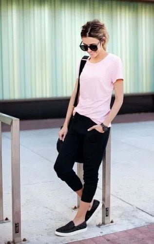 White T Shirt with Black Cropped Jogger Pants & Canvas Slip On Walking Shoes