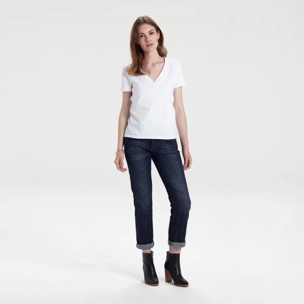 White V Neck T Shirt with Dark Blue Cuffed Skinny Jeans