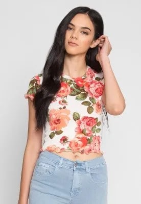 White and Blush Pink Floral Printed Cropped T Shirt with Light Blue Jeans