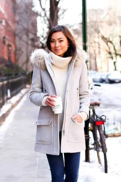 Light Grey Long Winter Coat with White Turtleneck Ribbed Sweater