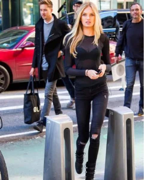 Long Sleeve Mesh Top with Black Ripped Skinny Jeans