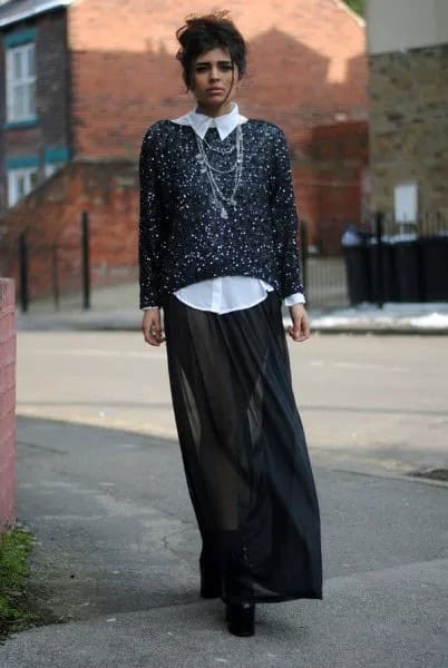 Black and White Sequin Sweater with Black Sheer Maxi Skirt