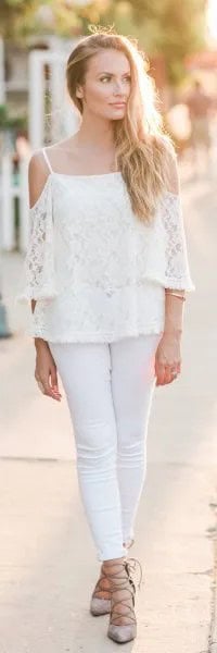 Cold Shoulder Crochet Lace Top with White Skinny Jeans