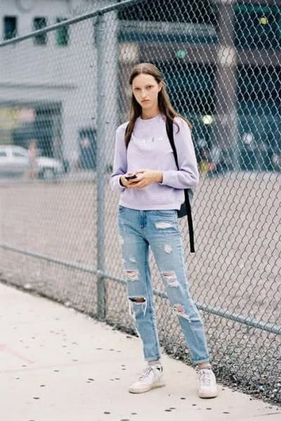 Lavender Fitted Sweater with Blue Boyfriend Jeans