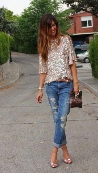 Rose Gold Half Sleeve Sequin Shirt with Ripped Cuffed Jeans