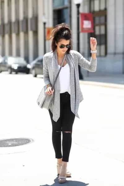 Grey Sweater Cardigan with Black Ankle Jeans & Open Toe Suede Boots