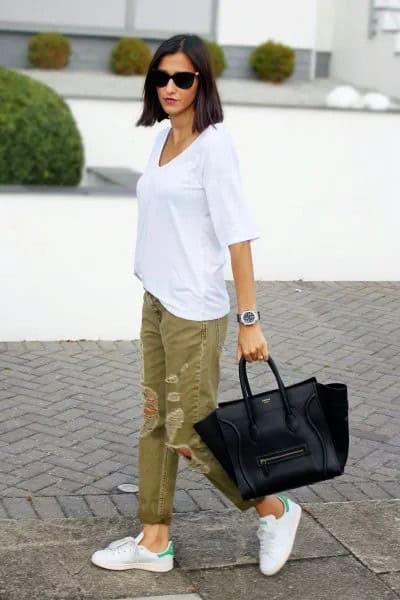 White Oversized Tee with Green Ripped Khaki Jeans