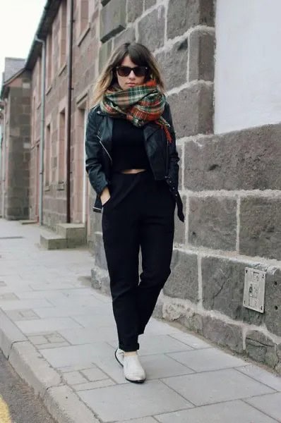 Black Chinos with Cropped Sweater & Leather Jacket