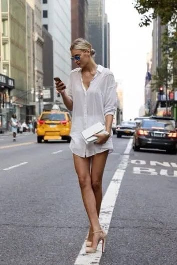 White Button Up Shirt Dress with Pale Pink High Heels