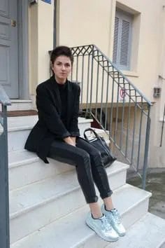 Black Wool Blazer with Leather Pants & Silver Metallic Sneakers