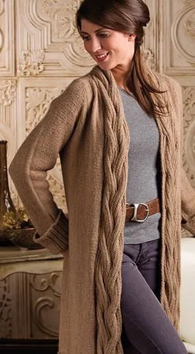 Brown Cable Knit Maxi Cardigan with Grey Sweater & Leather Belt