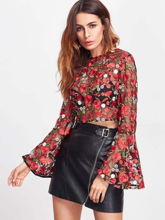 Leather Skirts + Embroidered Mesh Top