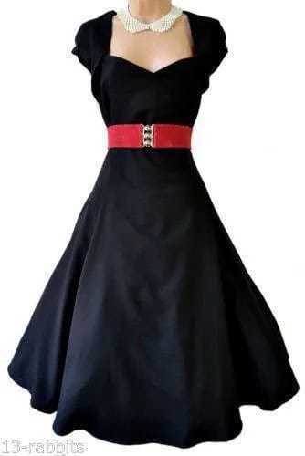 Black and Red Pin Up Fit and Flare Midi Dress with White Lace Choker