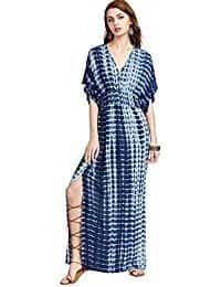 Maxi Gathered Waist V Neck Tie Dye High Split Shirt Dress