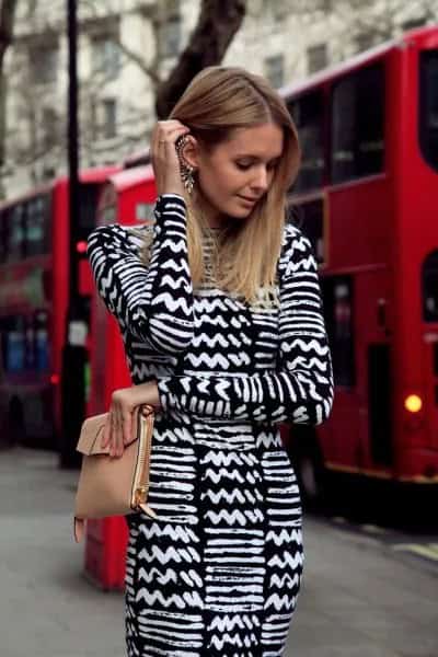 Black and White Printed Long Sleeve Bodycon Mini Dress