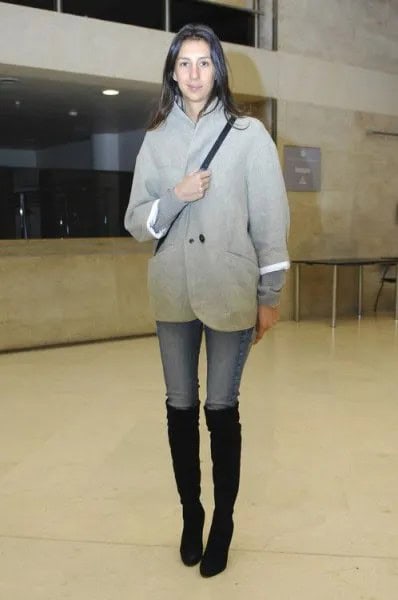 Grey Wool Coat with Light Blue Skinny Jeans & Black Boots