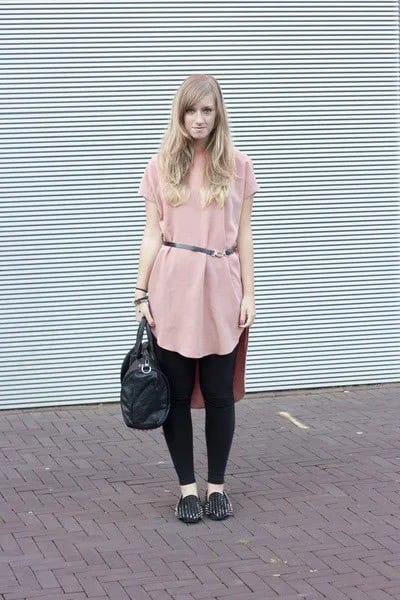 Pale Pink Belted Tunic Top with Black Leggings & Spiked Loafers