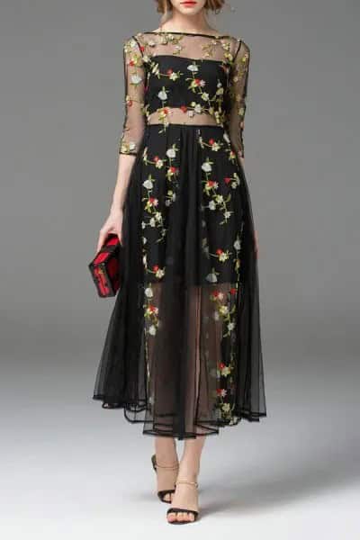 Two-Piece Black Chiffon Floral Embroidered Dress