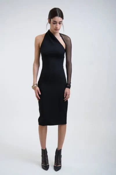 Black Mesh Sleeve One Shoulder Sheath Dress