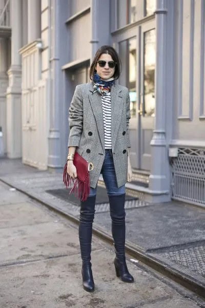 Grey Plaid Double Breasted Blazer with White and Black Striped Tee & Boots