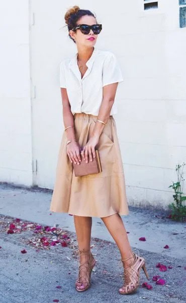 White Button Up Shirt with Pale Pink Flared Midi Skirt