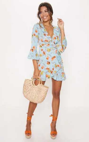 Light Blue and Orange Bell Sleeve Graphic Mini Wrap Dress