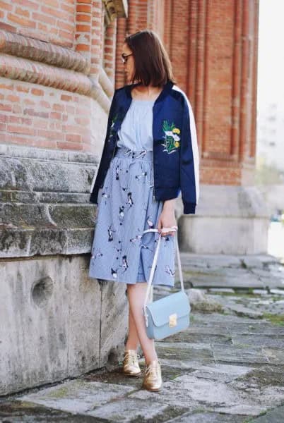 Navy Embroidered Jacket with High Waisted Flare Skirt