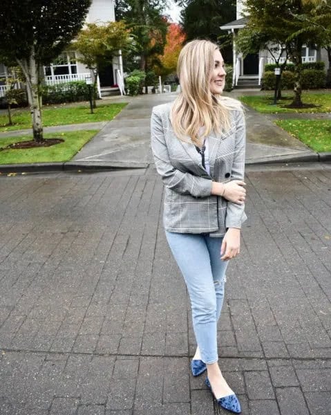 Grey Plaid Blazer with Skinny Jeans & Purple Velvet Ballet Flats