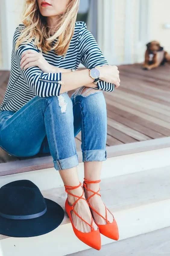 Striped Shirt and Red Lace Up Flats