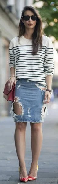 White and Black Striped Crew Neck Knit Sweater with Light Blue Denim Mini Ripped Skirt