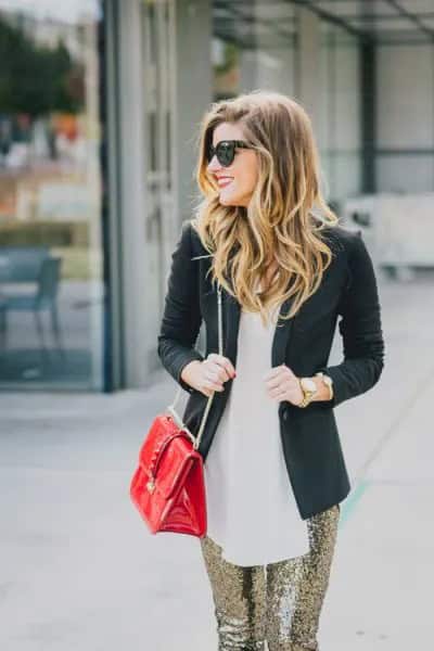 Black Blazer with White Long Chiffon Tee & Silver Metallic Leggings