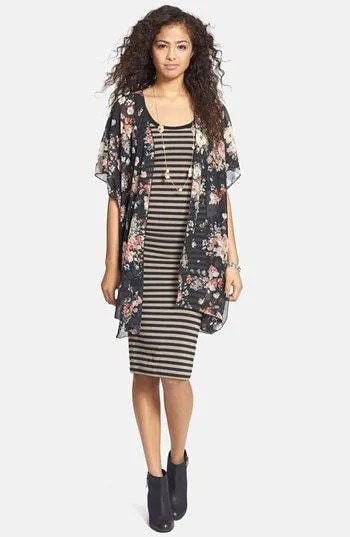 Black Rose Printed Sheer Kimono with Striped Knee Length Dress