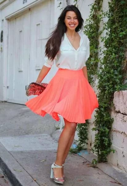 White Button Up Shirt with Hot Pink Mini Pleated Skirt