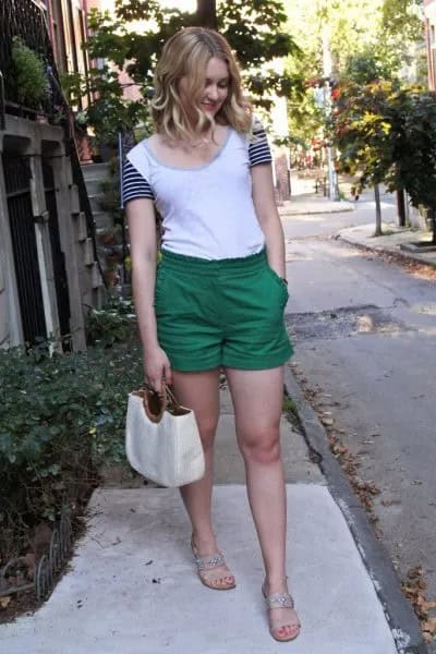 White and Black Color Block T Shirt with High Waisted Elastic Waist Mini Shorts