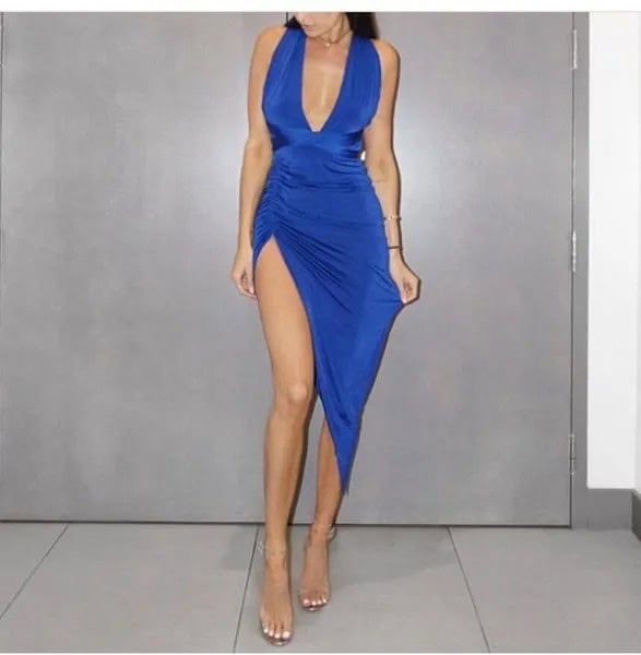 Deep V Neck Bodycon Blue High Split Midi Dress