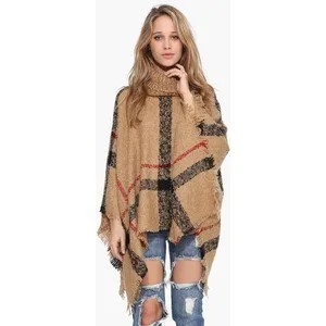 Camel and Black Plaid Turtleneck Poncho with Ripped Jeans