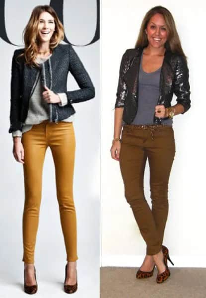 Black Blazer with Grey Sweater & Skinny Mustard Pants