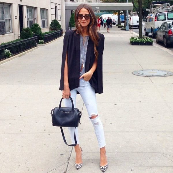 Black Cape Blazer with Grey Tee & White Ripped Skinny Jeans