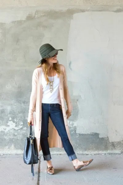 Pale Pink Duster Sweater with Grey Floppy Hat