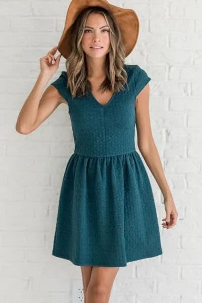 Teal Knit Cap Sleeve Skater Dress