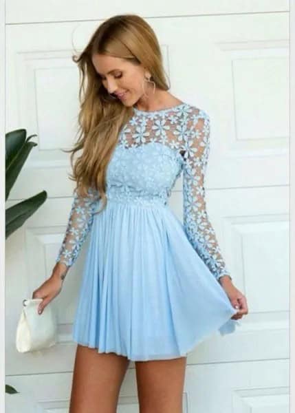 Long Sleeve Fit and Flare Semi-Sheer Lace Mini Pleated Dress