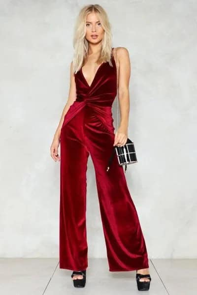 Burgundy Deep V Neck Wrap Velvet Jumpsuit