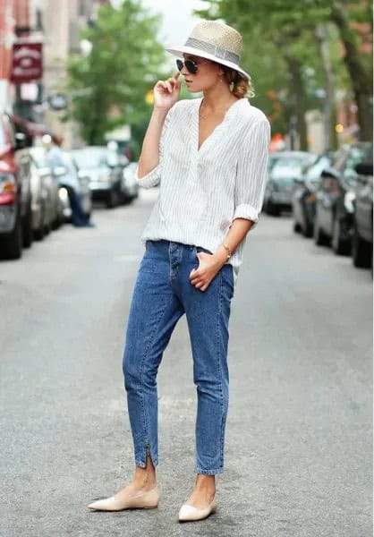 Straw Hat with Grey and White Striped Button Up Shirt & Mom Jeans