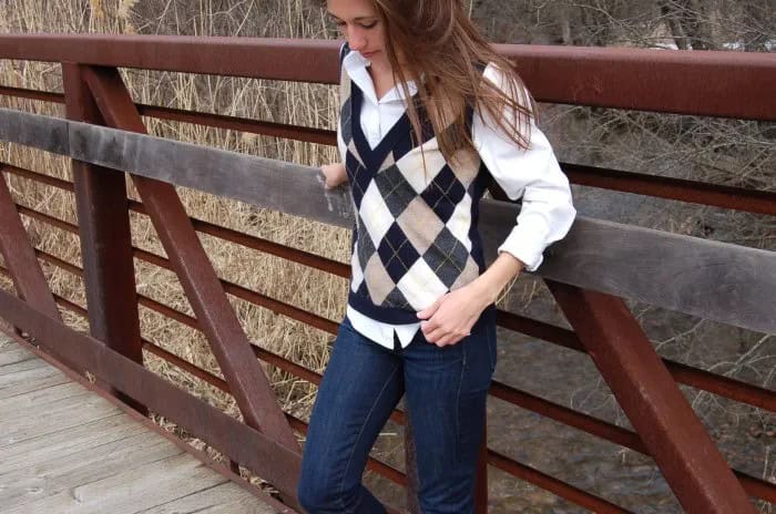 Pink, White and Black Diamond Patterned Vest with Shirt & Jeans