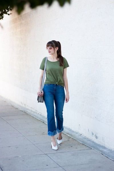 Green Knotted T Shirt with Flared Fringe Hem Jeans